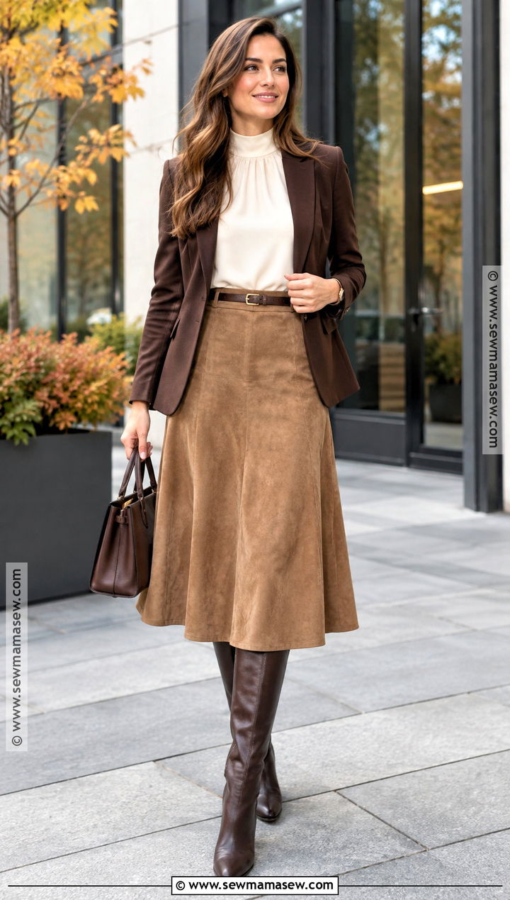 Suede Midi Skirt And Blouse Autumn Work Outfit - 15 Work Outfit Autumn Office Wear Ideas