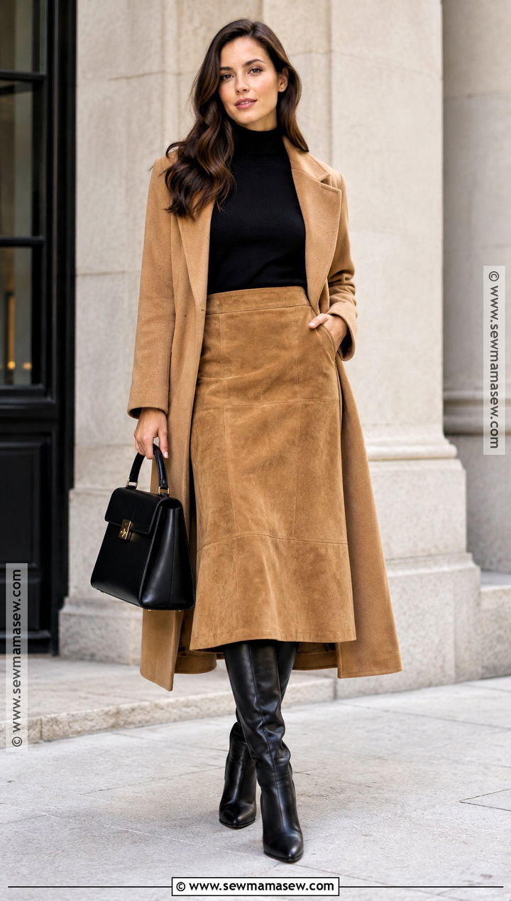 Suede Midi Skirt And Mock Neck Sweater - 15 skirts and sweaters outfit fall