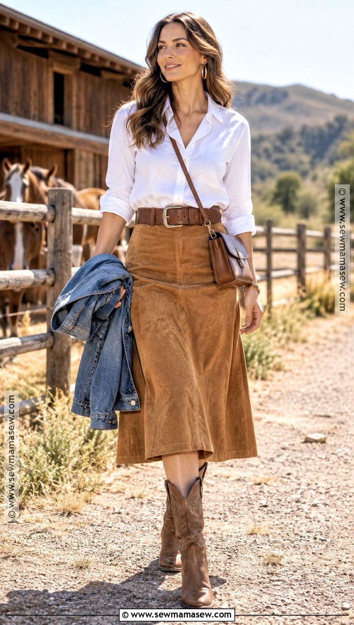 Suede Midi Skirt With Button Down Shirt And Western Boots - 15 skirt outfit fall ideas 2026