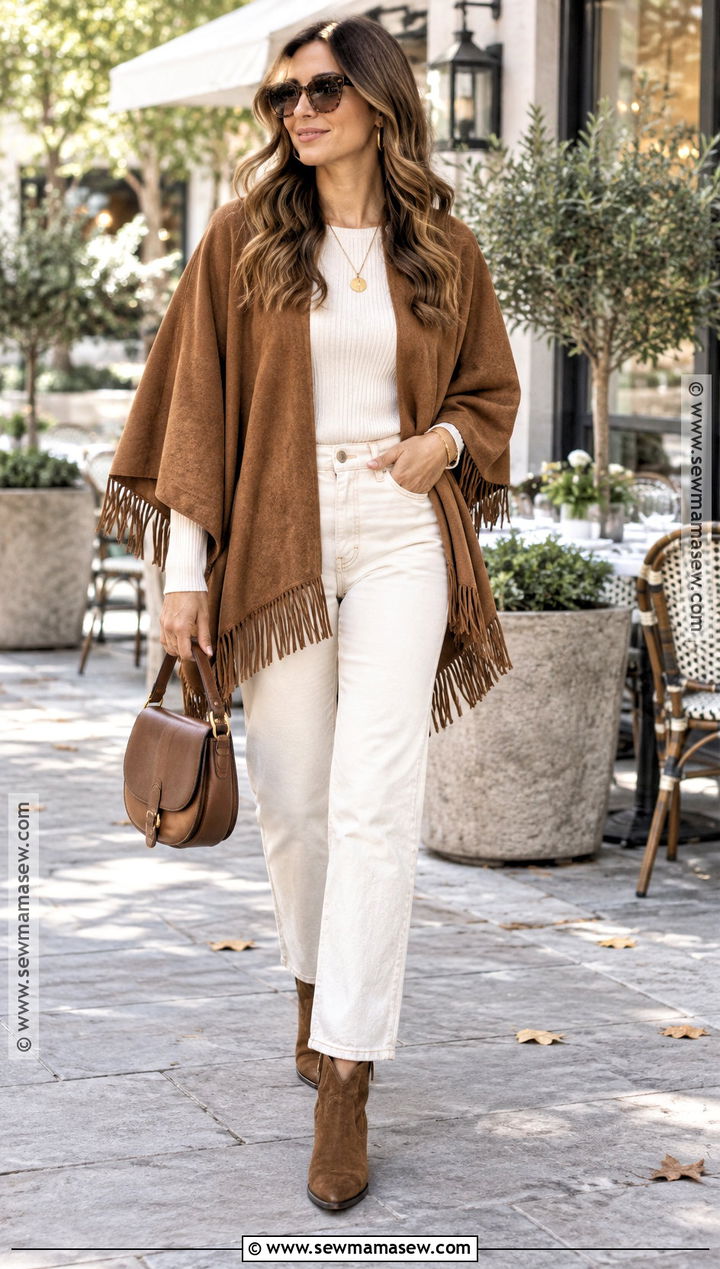 Suede Poncho With White Jeans And Western Boots - 15 fall fashion poncho style ideas