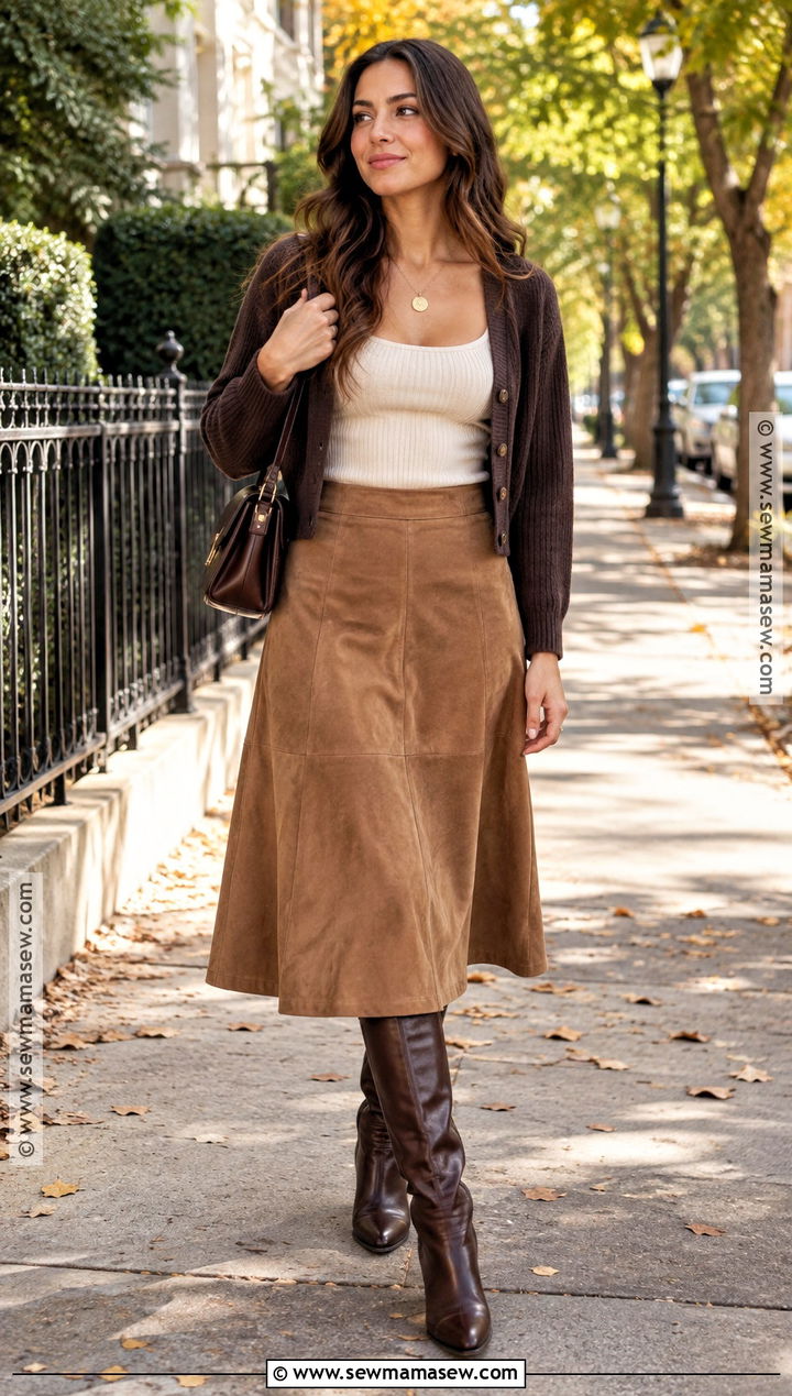 Suede Skirt And Fitted Knit Fall Outfit - 20 Romantic Fall Outfits