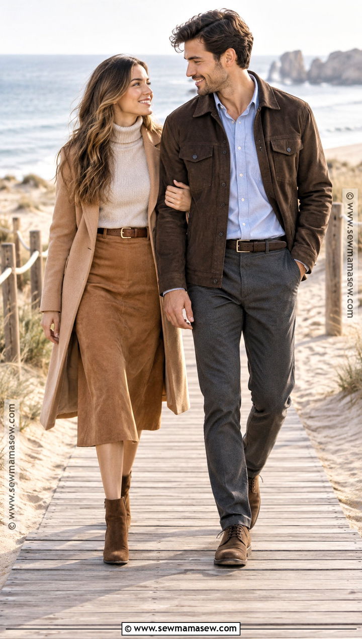 Suede Skirt And Turtleneck Beach Engagement Outfit - 15 fall beach engagement photos outfit ideas