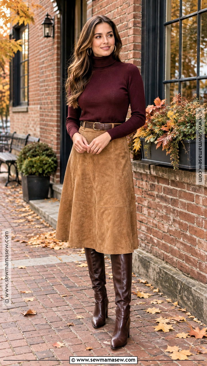 Suede Skirt And Turtleneck Fall Engagement Outfit - 20 fall engagement outfit ideas