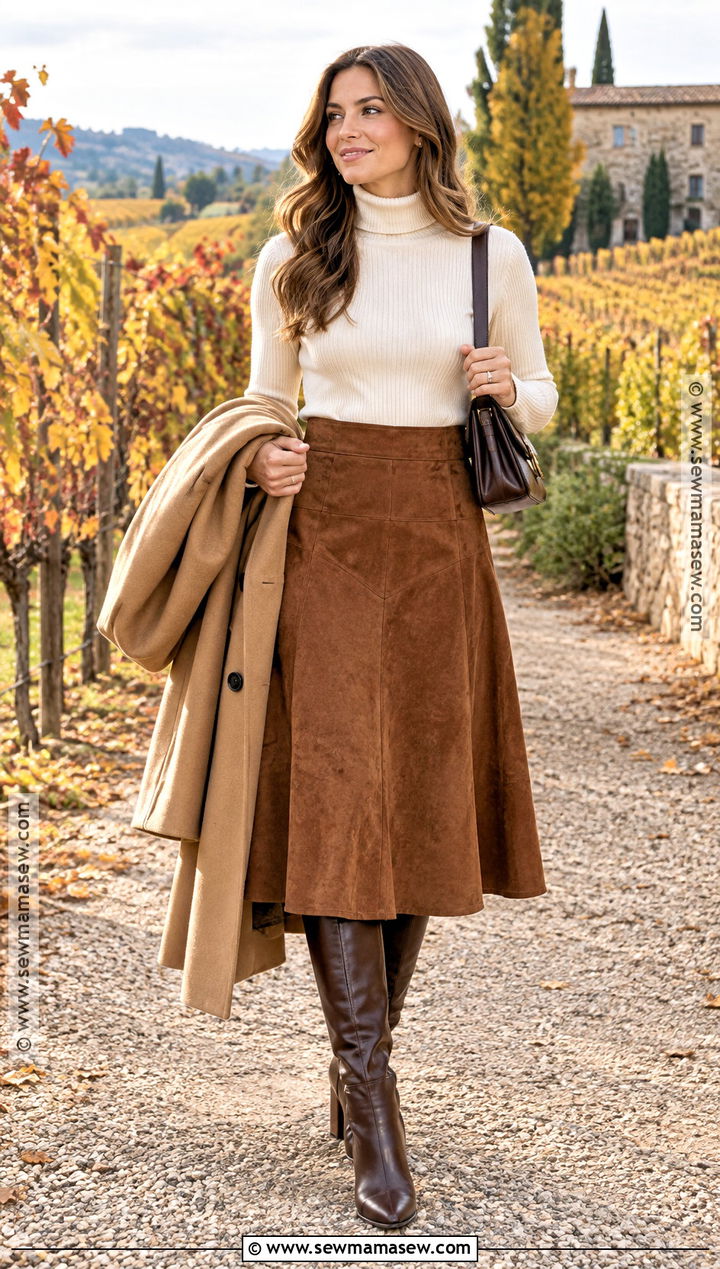 Suede Skirt And Turtleneck Winery Outfit - 20 Fall Outfits Winery