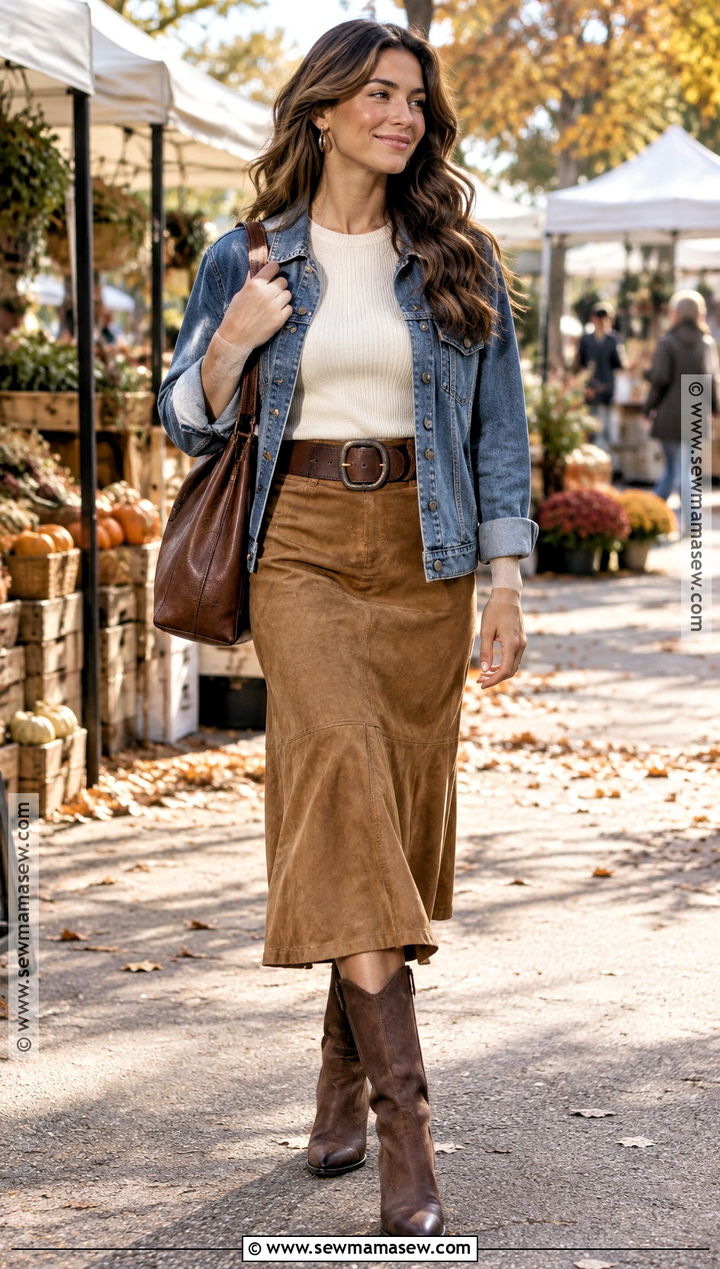 Suede Skirt With Ribbed Sweater And Western Boots - 20 cute fall skirt outfits