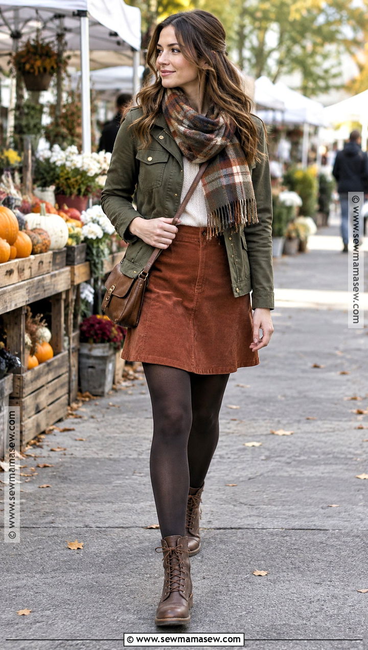 Suede Skirt With Utility Jacket And Lace Up Boots - 25 suede skirt outfit fall ideas