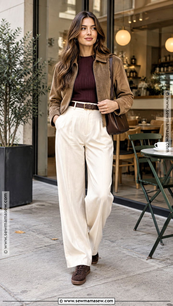 Suede Sneaker Outfit With Wide Leg Trousers - 15 Sneaker Outfit Fall Ideas