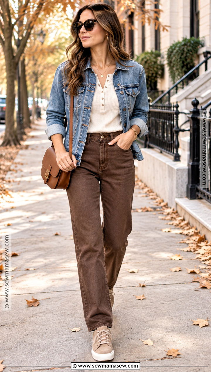 Suede Sneakers With Brown Jeans And Denim Jacket - 15 Casual Fall Sneaker Outfits