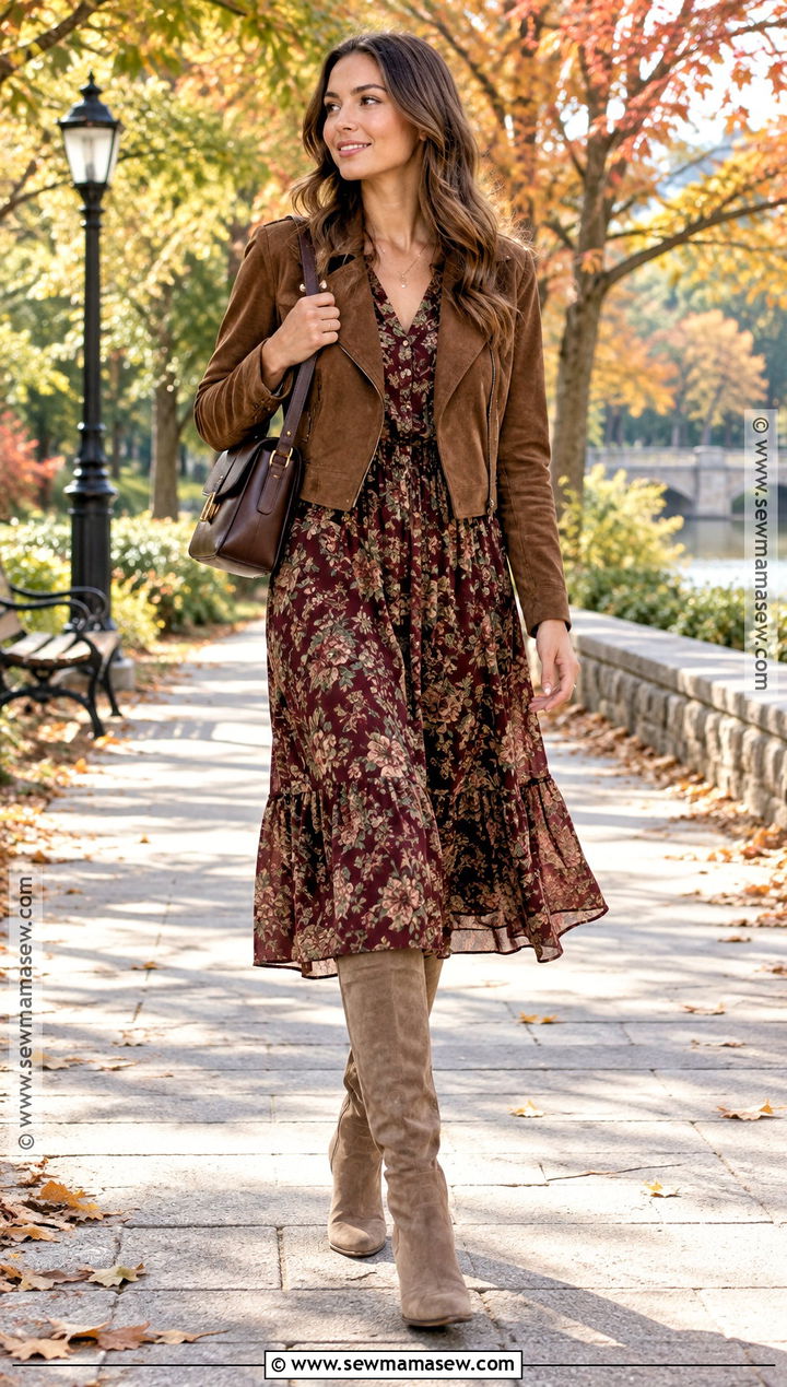 Suede Tall Boots With Floral Midi Dress - 20 tall boots outfit fall styles