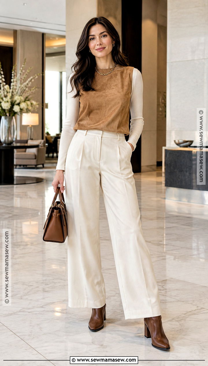 Suede Top With Cream Trousers - 15 Fall Tops for Women 2026
