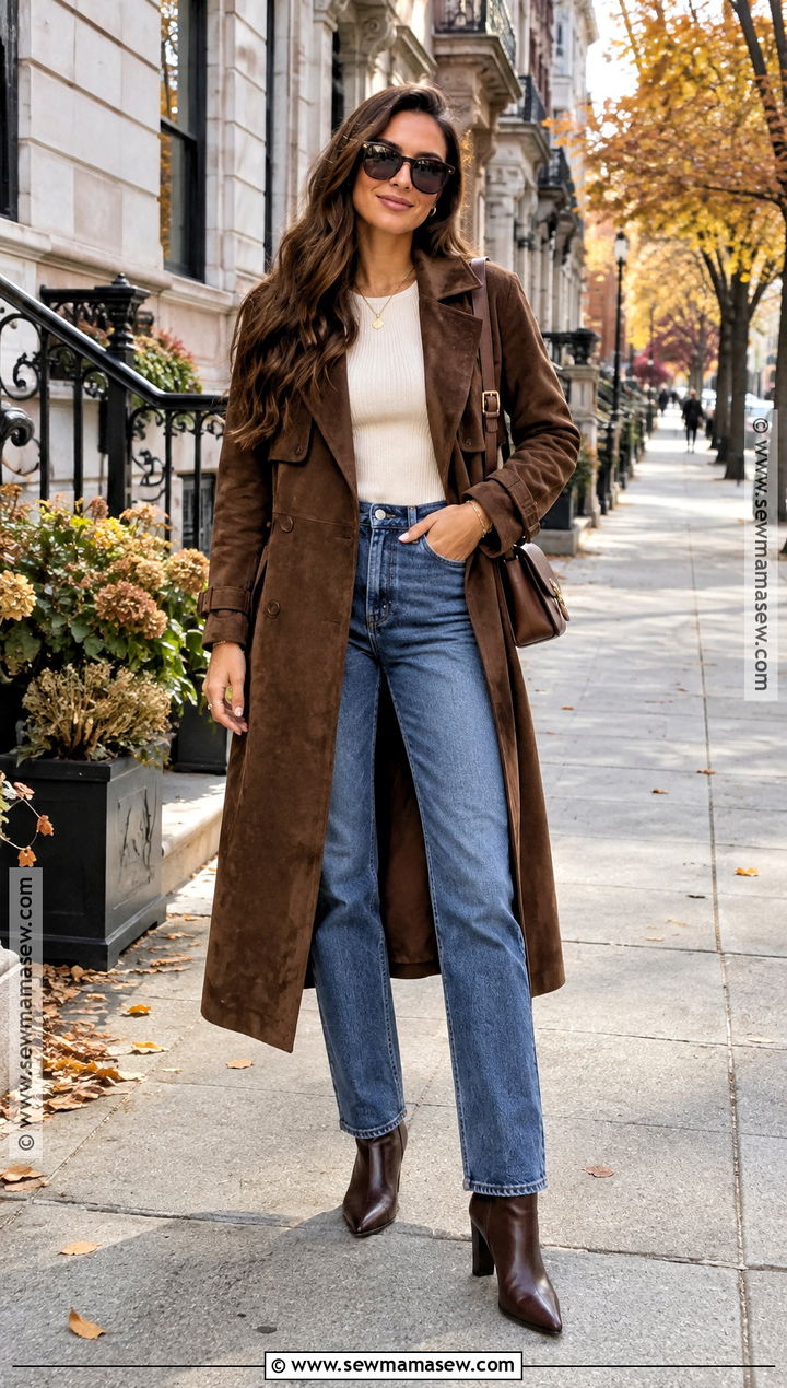 Suede Trench Coat With Knit Top And Jeans - 15 autumn fashion wishlist ideas