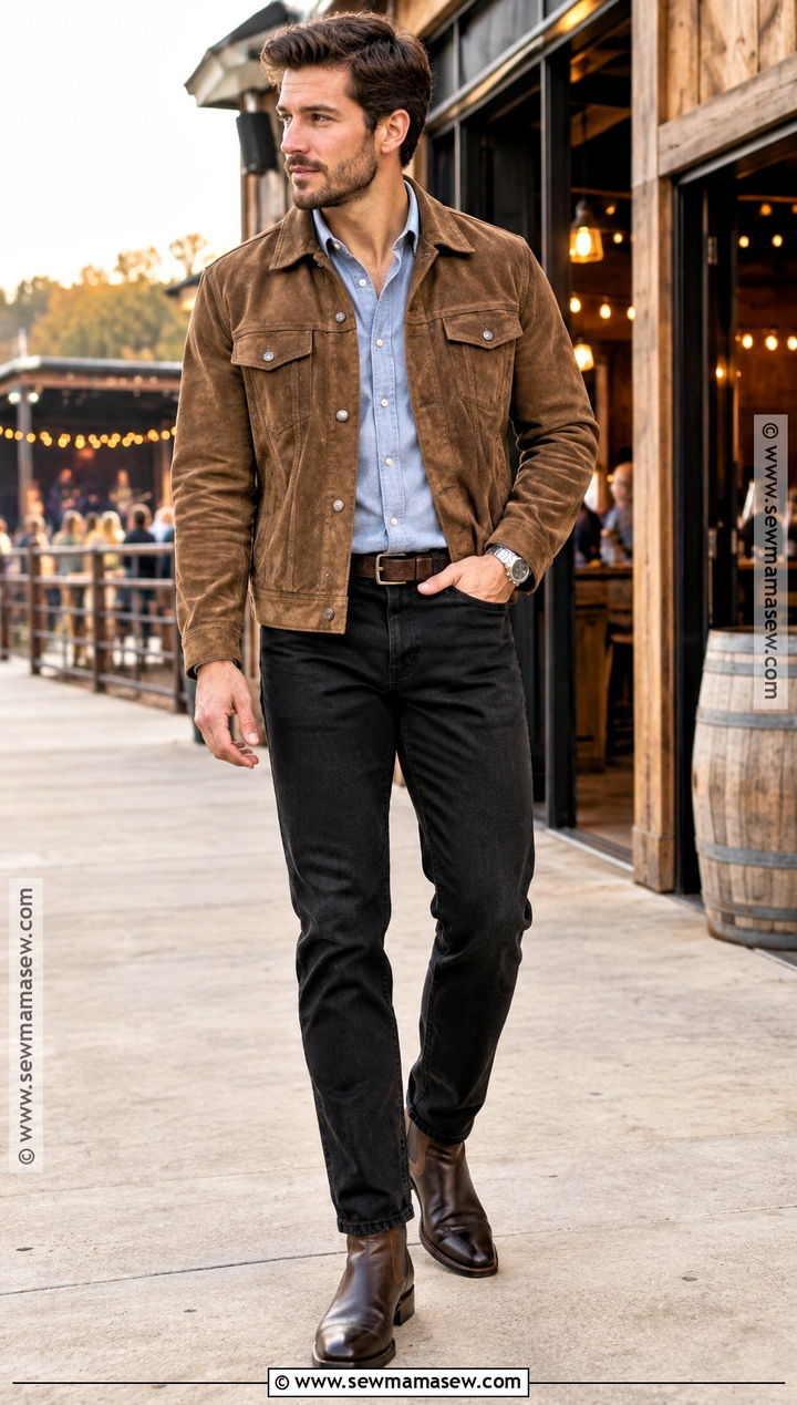 Suede Trucker Jacket With Chambray Shirt And Black Jeans - 15 country fall outfits for men