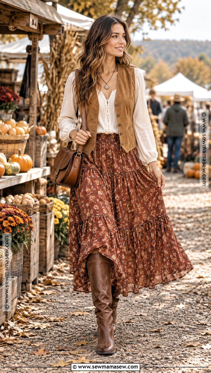 Suede Vest With Blouse And Maxi Skirt - 20 vest autumn outfit ideas