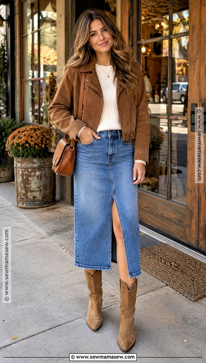 Suede Western Boots With Denim Skirt - 25 autumn shoes for women