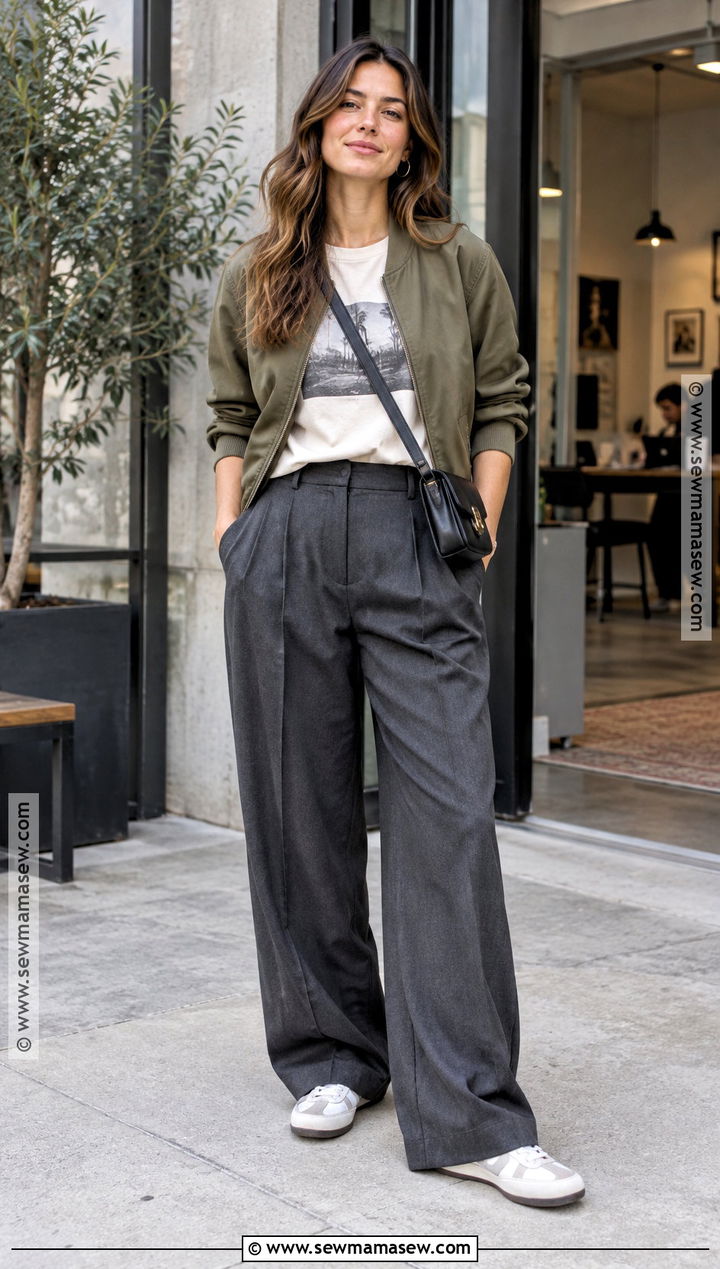 Summer To Fall Graphic Tee And Pleated Pants Outfit - 15 Transition Season Outfits Summer To Fall