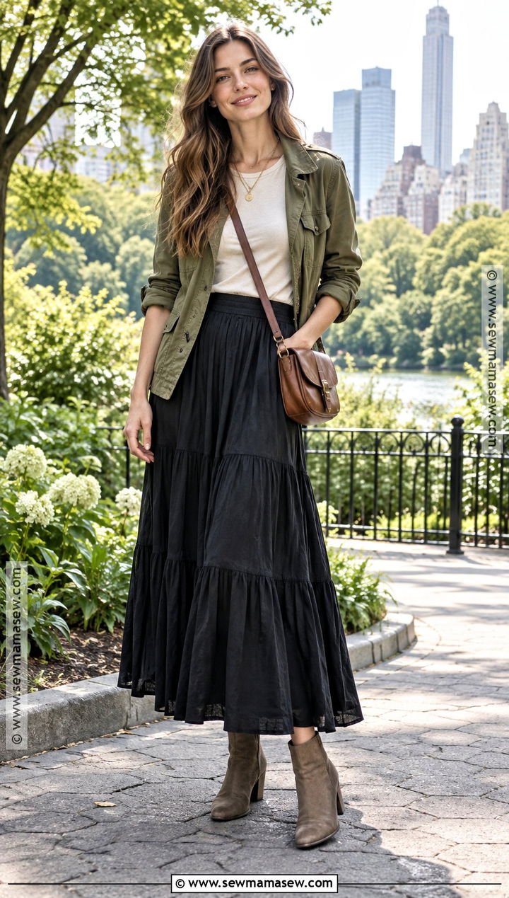 Summer To Fall Maxi Skirt And Utility Jacket Outfit - 15 Transition Season Outfits Summer To Fall