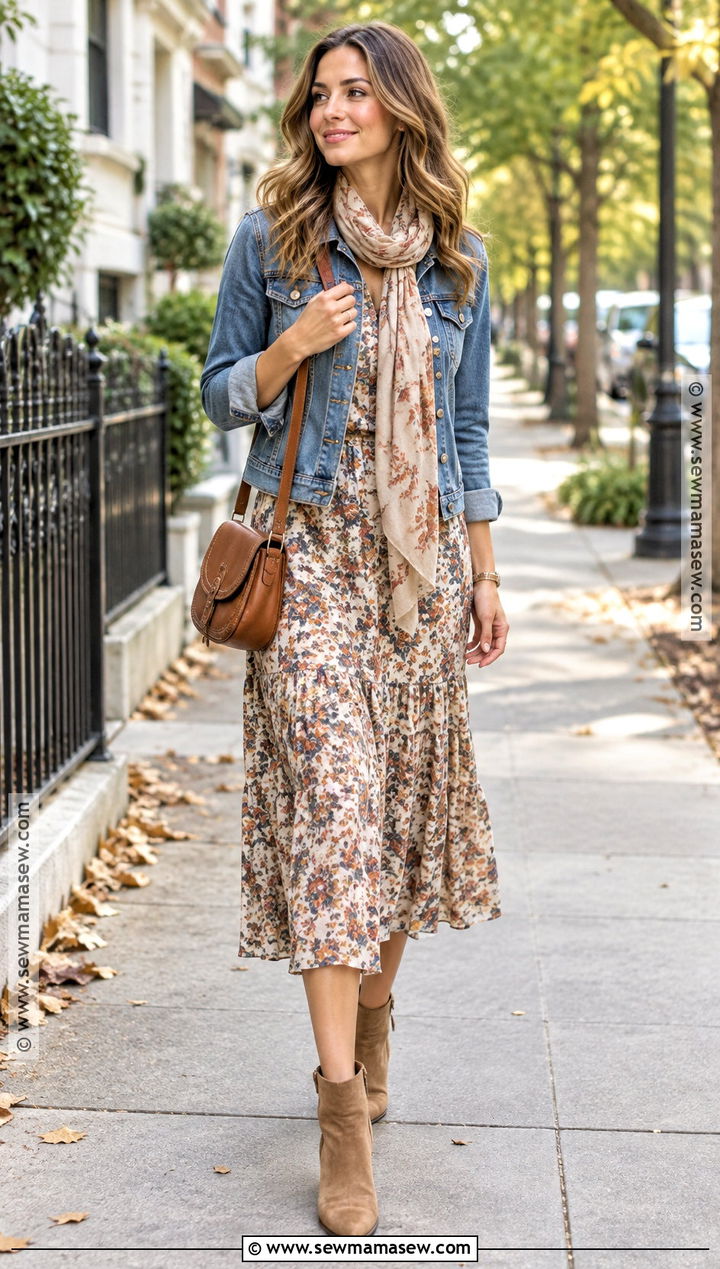 Sunday Fall Outfit With Denim Jacket And Midi Dress - 20 sunday fall outfits