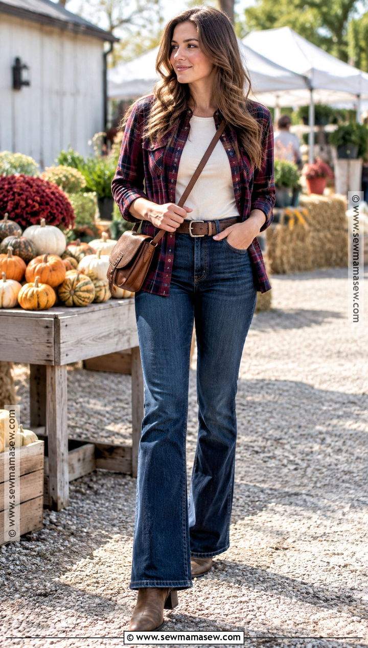 Sunday Fall Outfit With Flannel Shirt And Bootcut Jeans - 20 sunday fall outfits