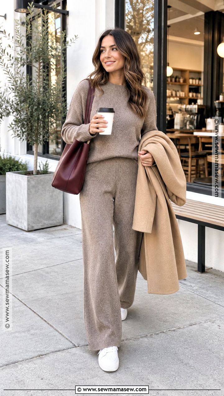 Sunday Fall Outfit With Monochrome Knit Set And Sneakers - 20 sunday fall outfits