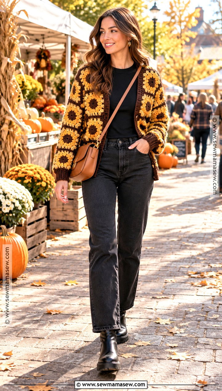 Sunflower Granny Square Cardigan With Black Jeans - 15 Crochet Fall Granny Square Cardigan Ideas