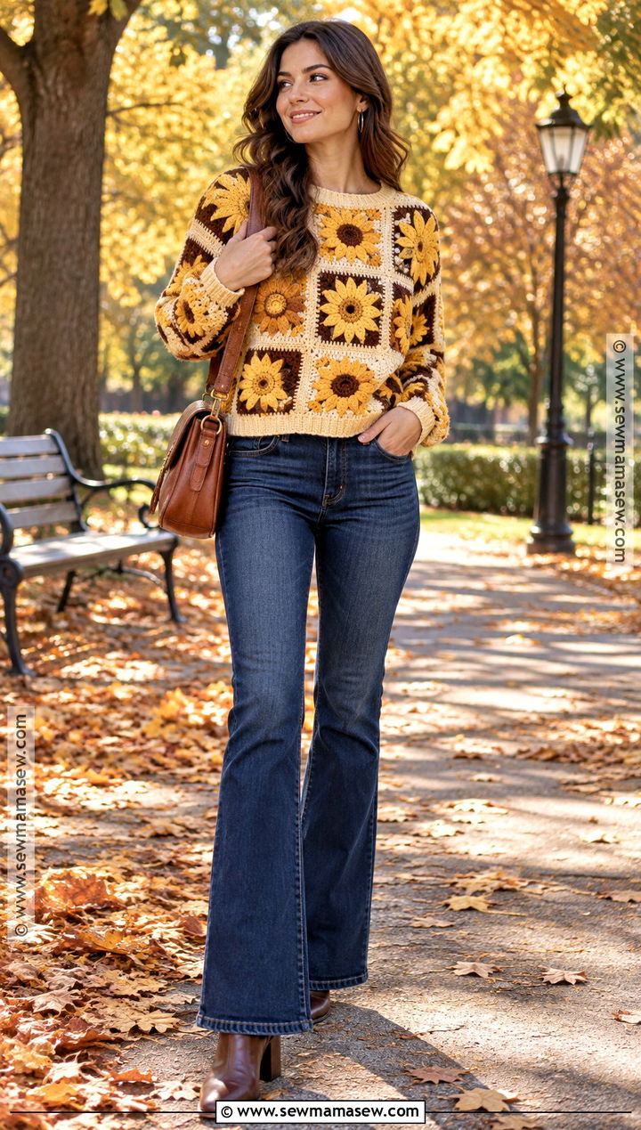 Sunflower Granny Square Sweater With Flared Jeans - 15 Fall Granny Square Sweater Ideas