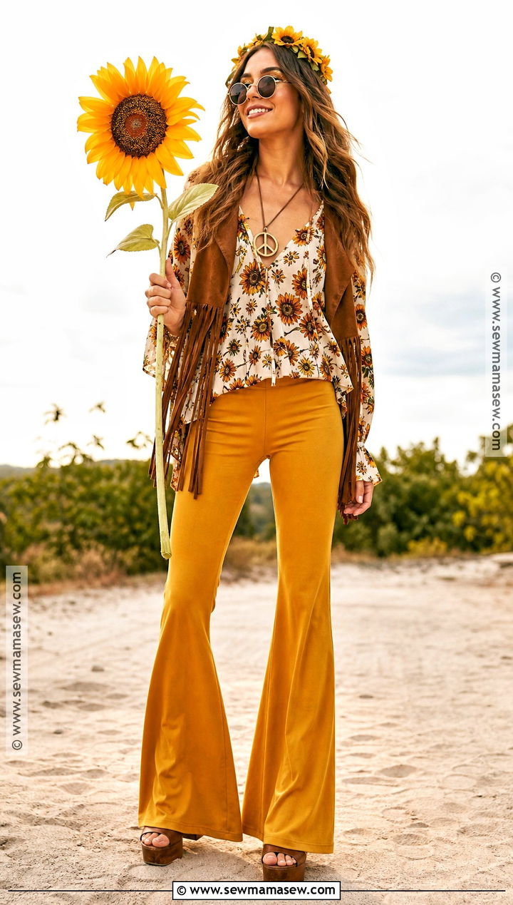 Sunflower Hippie Costume With Yellow Flare Pants - 45 hippie costume ideas
