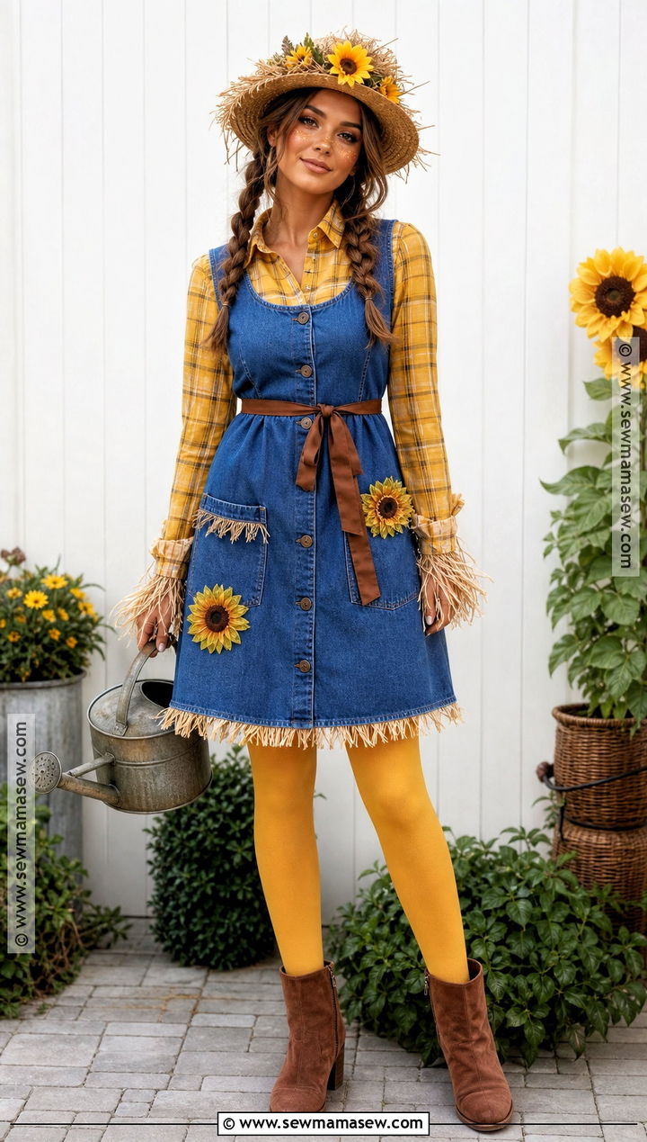 Sunflower Scarecrow Costume With Denim Dress - 50 scarecrow costume ideas