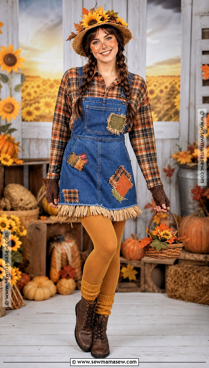 Sunflower Scarecrow Costume With Patchwork Dress - 30 Unique Costume Ideas for Women