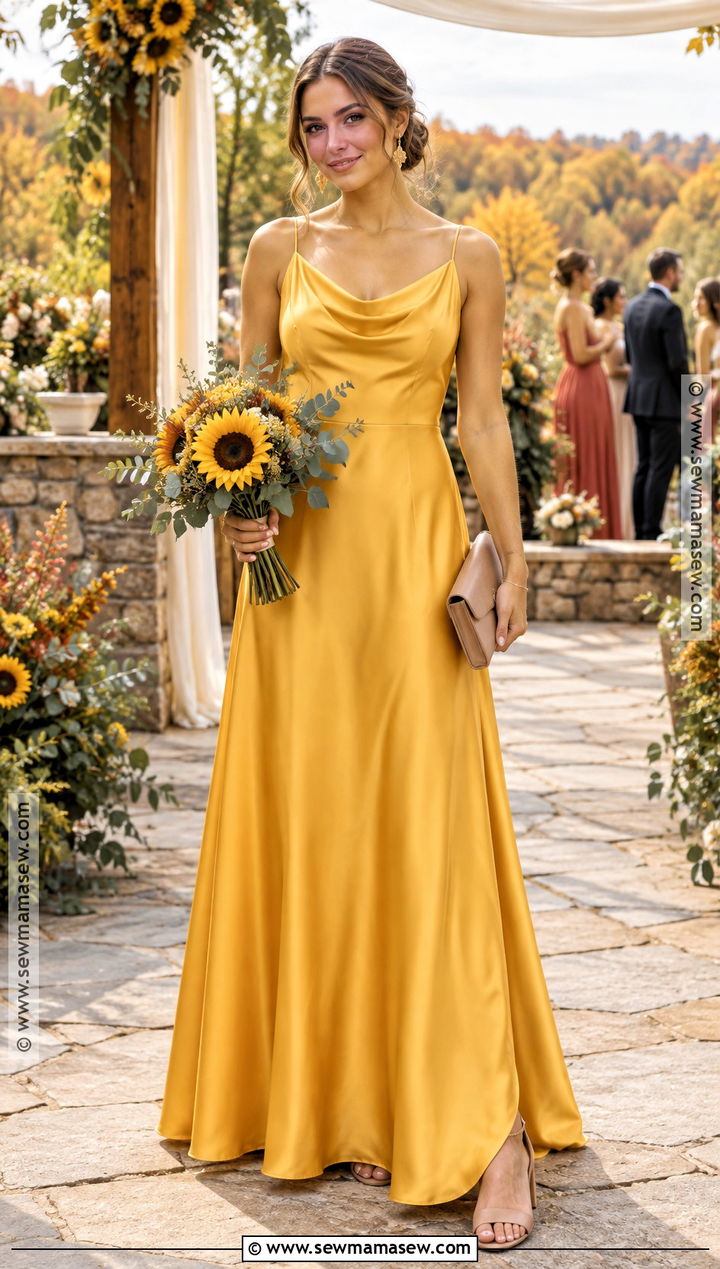 Sunflower Yellow Satin Bridesmaid Dress - 15 fall sunflower wedding theme bridesmaid dresses