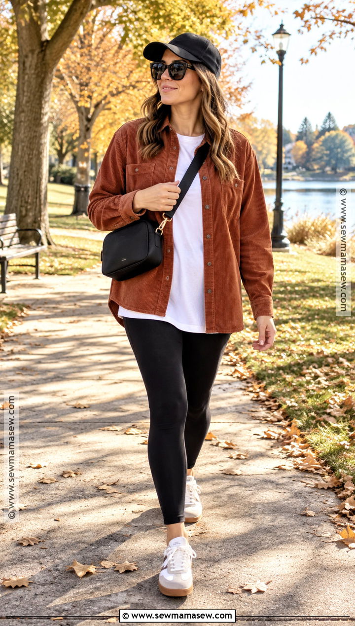 Sunny Autumn Corduroy Overshirt And Black Leggings Outfit - 25 sunny autumn outfit ideas