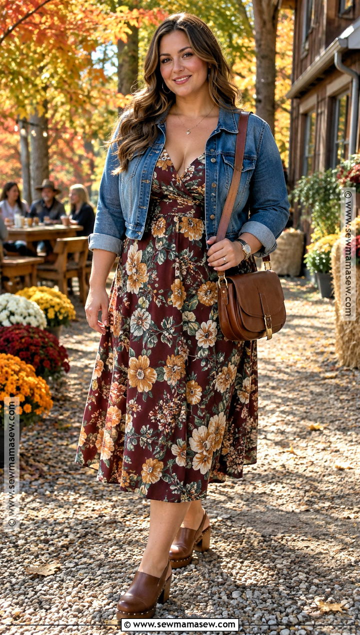 Sunny Autumn Floral Dress And Denim Jacket Outfit - 25 sunny autumn outfit ideas