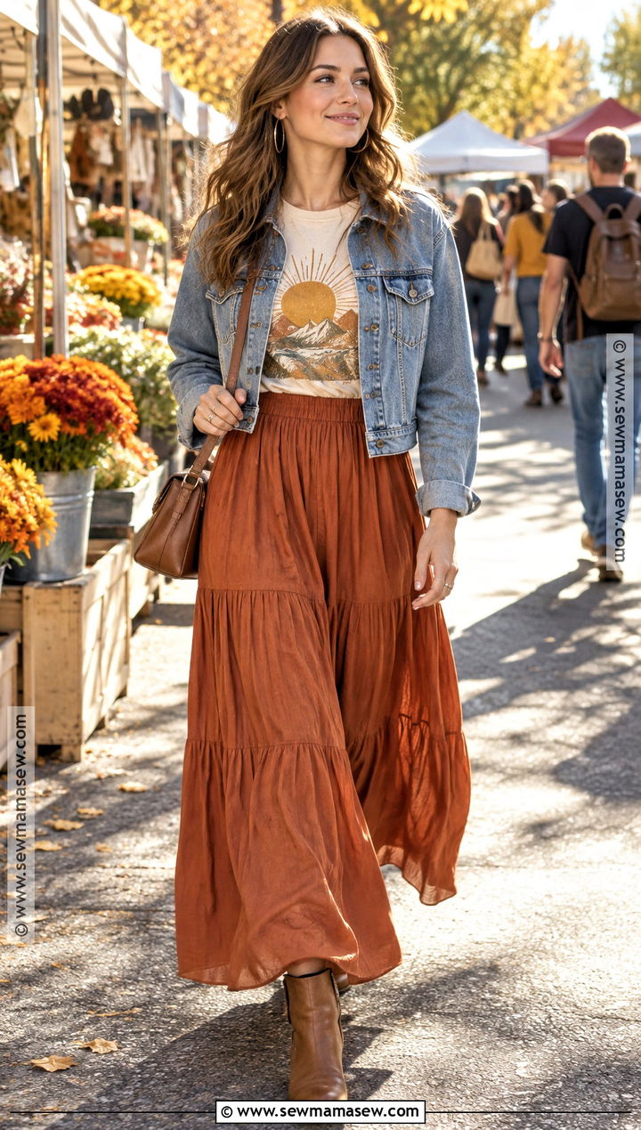 Sunny Autumn Graphic T Shirt And Maxi Skirt Outfit - 25 sunny autumn outfit ideas