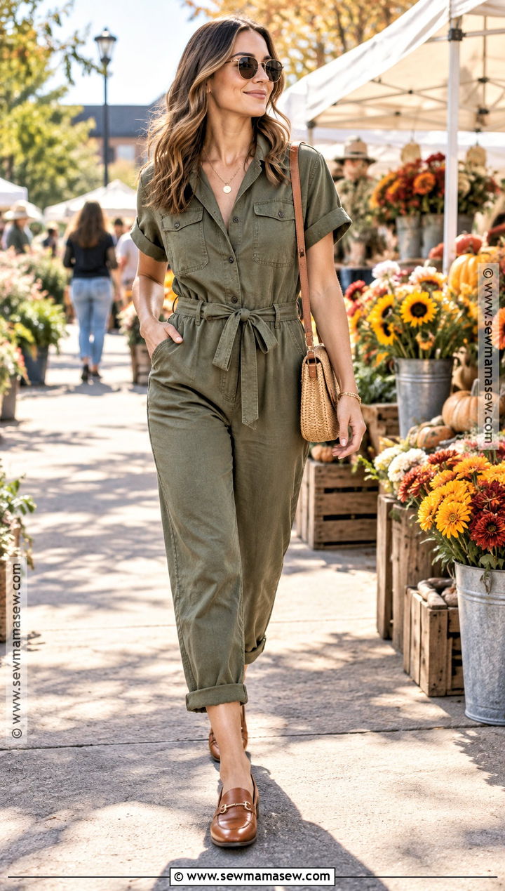Sunny Autumn Olive Jumpsuit And Loafers Outfit - 25 sunny autumn outfit ideas