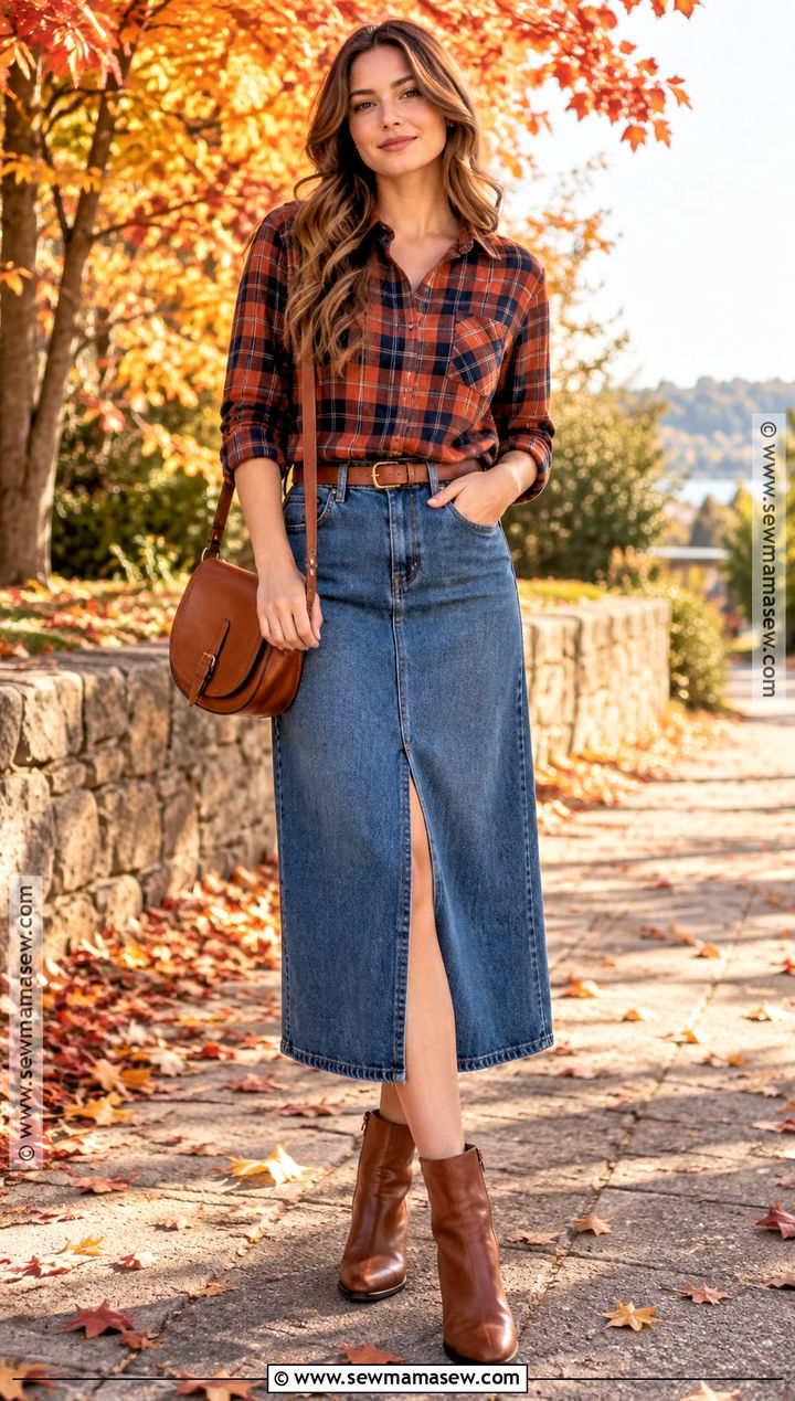 Sunny Autumn Plaid Shirt And Denim Skirt Outfit - 25 sunny autumn outfit ideas
