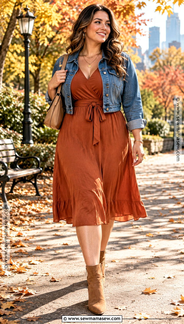 Sunny Autumn Rust Midi Dress And Ankle Boots Outfit - 25 sunny autumn outfit ideas