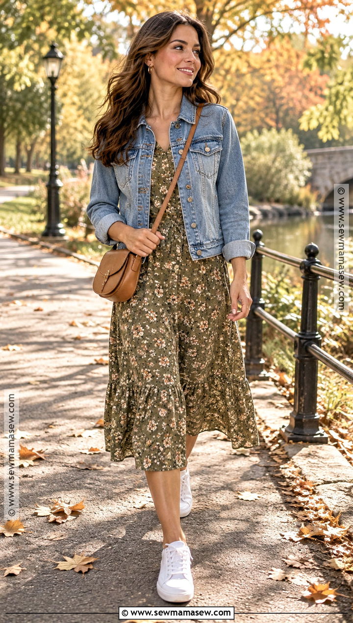 Sunny Fall Day Denim Jacket And Midi Dress Outfit - 20 Sunny Fall Day Outfit Ideas