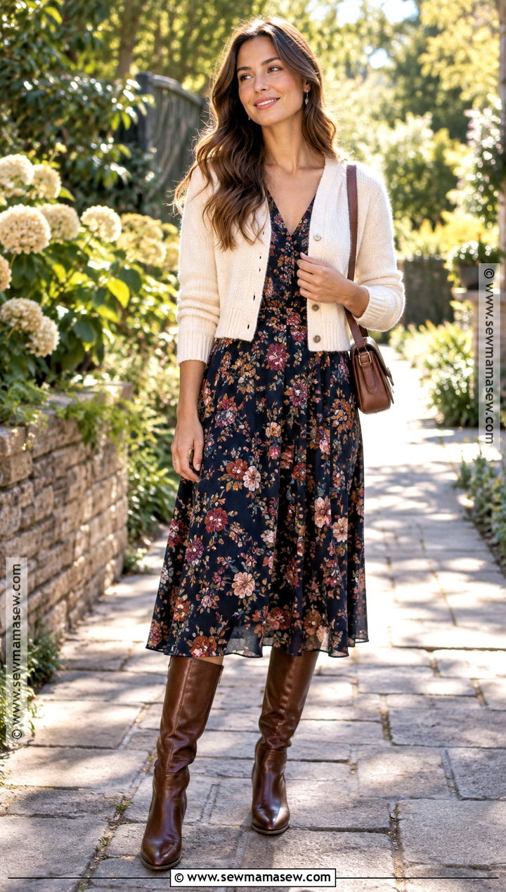 Sunny Fall Day Floral Dress And Tall Boots Outfit - 20 Sunny Fall Day Outfit Ideas