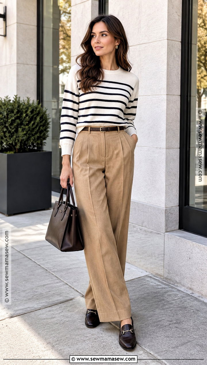 Sunny Fall Day Striped Sweater And Trousers Outfit - 20 Sunny Fall Day Outfit Ideas