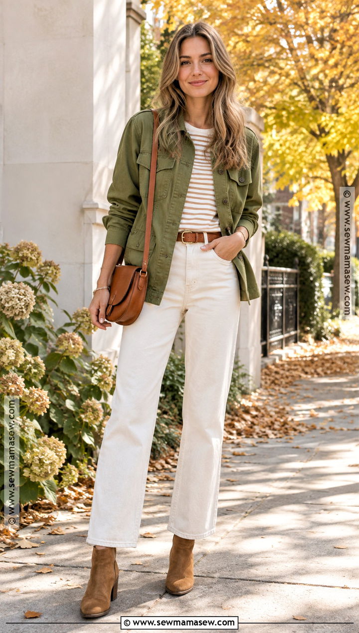 Sunny Fall Day Utility Jacket And White Jeans Outfit - 20 Sunny Fall Day Outfit Ideas
