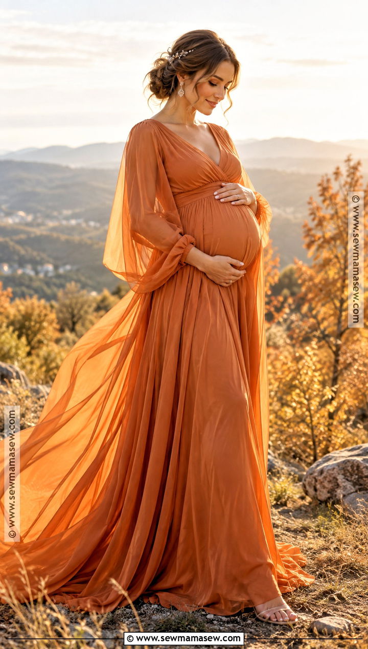 Sunset Orange Gown With Sheer Sleeves - 15 fall maternity photos orange dress ideas