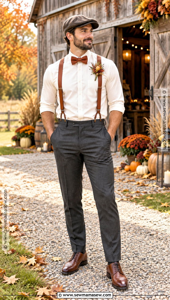 Suspenders And Rolled Sleeves Fall Groom Outfit - 15 casual fall groom attire ideas