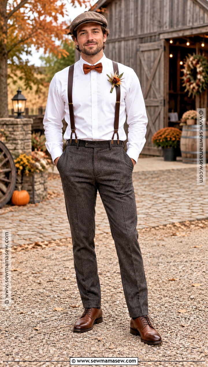 Suspenders And Wool Pants Groom Outfit - 15 casual groom attire fall ideas