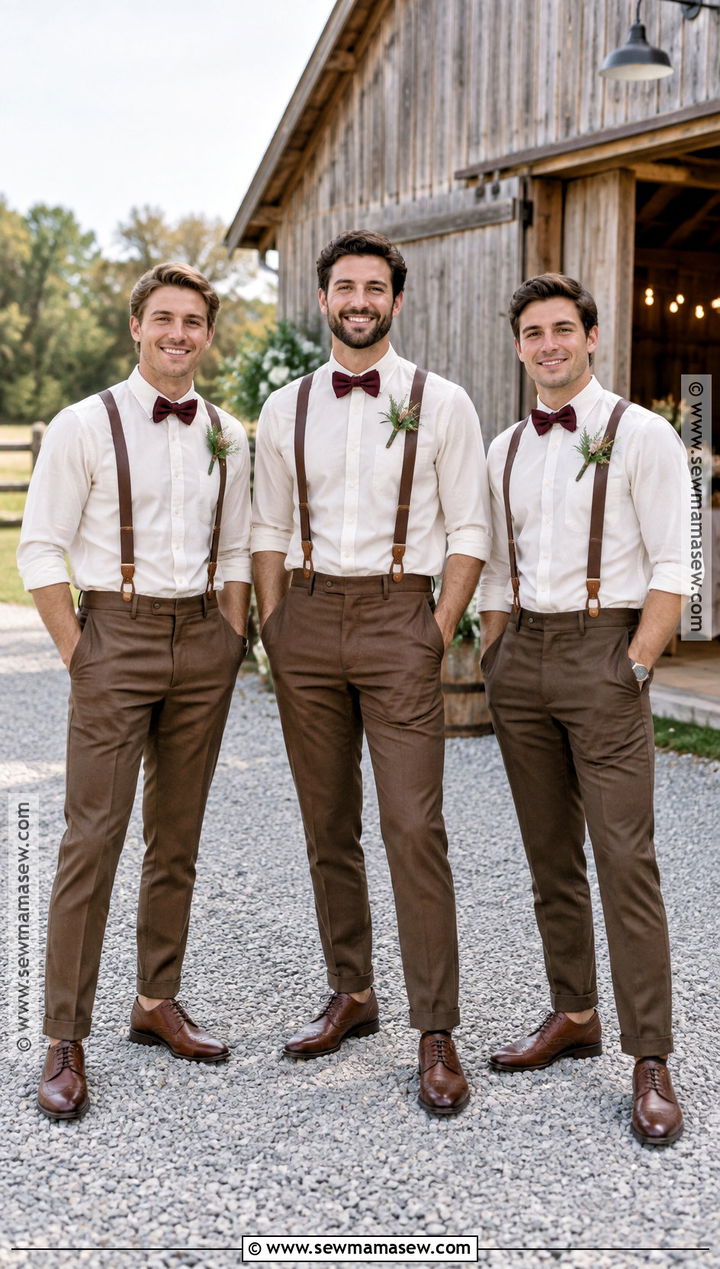 Suspenders and Brown Trousers for Fall Groomsmen - 20 groomsmen attire fall wedding ideas