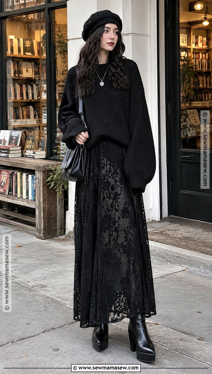 Sweater And Lace Maxi Skirt Autumn Goth Outfit - 20 autumn goth outfits