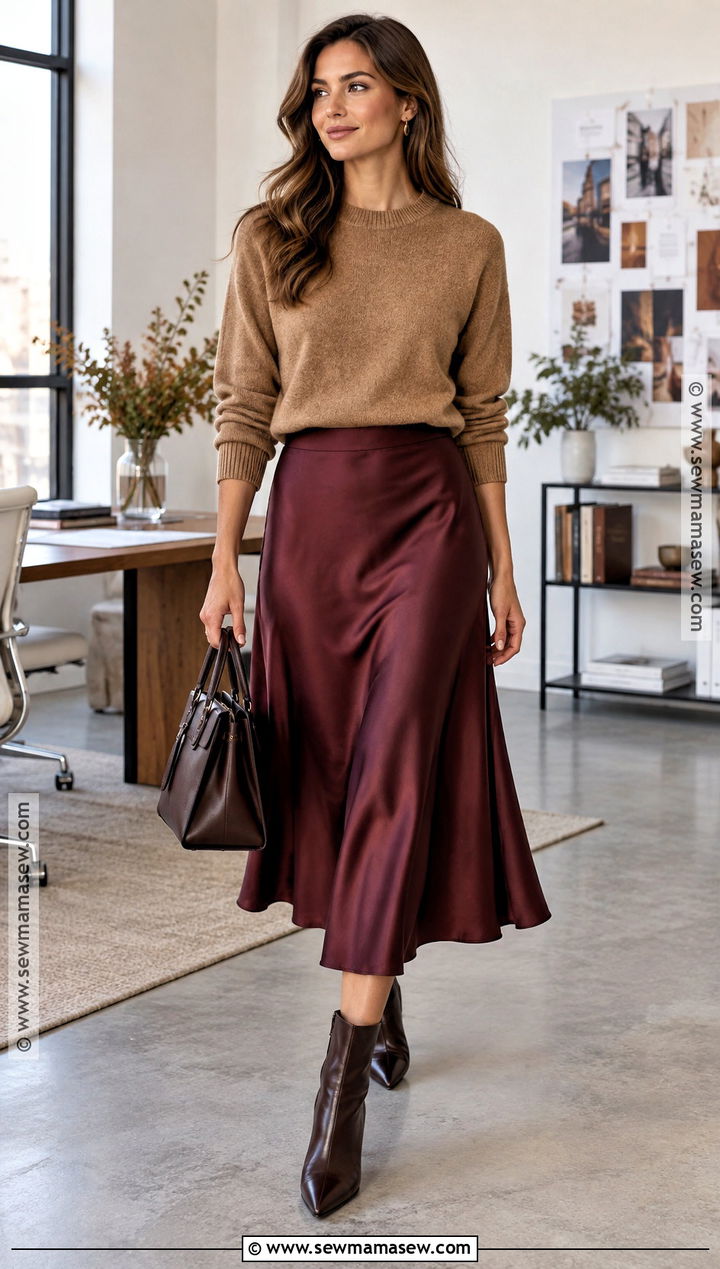 Sweater And Satin Midi Skirt Fall Work Outfit - 25 fall work outfit ideas