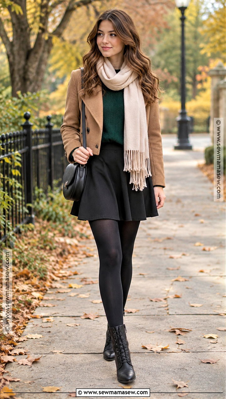 Sweater And Skater Skirt With Tights - 15 skirt with tights fall outfit ideas