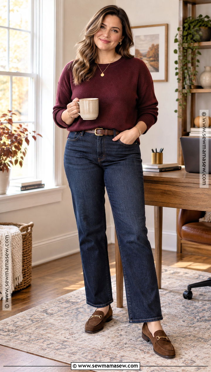 Sweater And Straight Leg Jeans Fall WFH Outfit - 15 Work From Home Fall Outfit Ideas