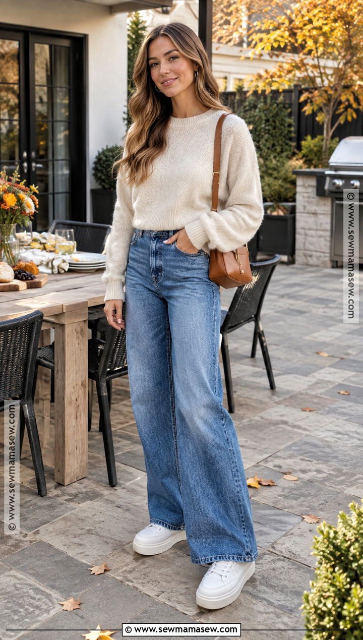 Sweater And Wide Leg Jeans Fall BBQ Outfit - 20 fall bbq outfit ideas