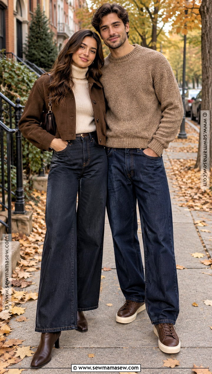 Sweater And Wide Leg Jeans Fall Couple Outfit - 15 fall outfit ideas for couple pictures