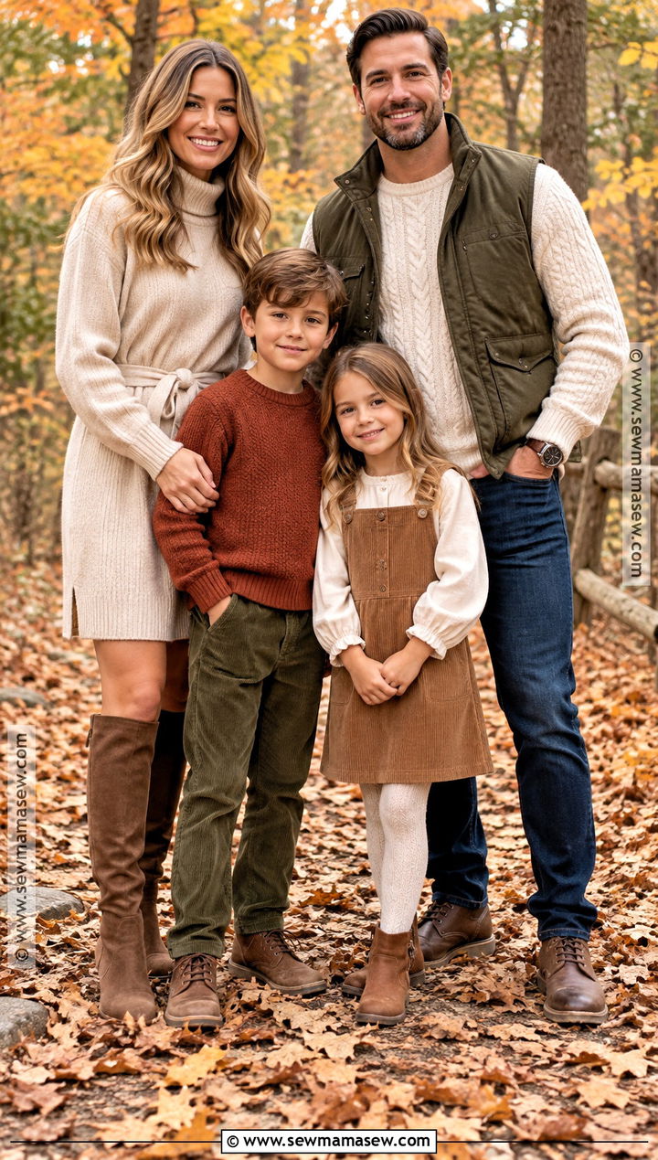 Sweater Dress And Corduroy Fall Family Photo Outfits - 15 Family Photoshoot Outfit Ideas Fall